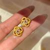 Luxury Chinese Knot Stud Earrings For Women Lucky Clover Zircon Gold-Plated Elegant Vintage Style Jewelry