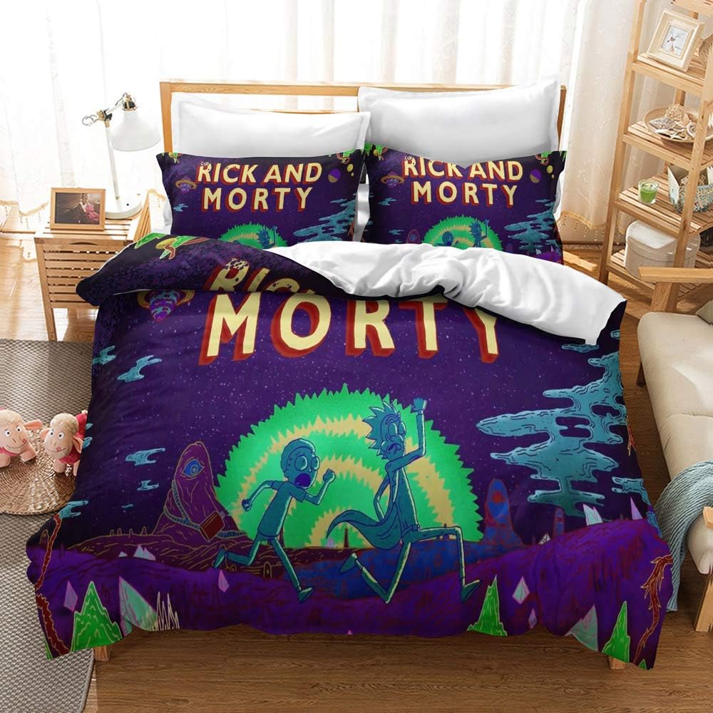 3D Duvet Cover King Size Anime Bedding Set Ric-K And Mort-Y Duvet Sets Soft Breathable Poly Cotton Quilt Cover With Pillowcases