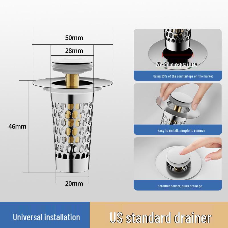Universal Anti-Clog Push-Type Wash Basin Drain Filter and Deodorizing Stopper