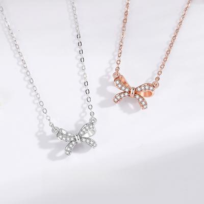 Bow Necklace Women's Small Delicate Korean Sweet Bow Full Diamond Niche Design Pendant