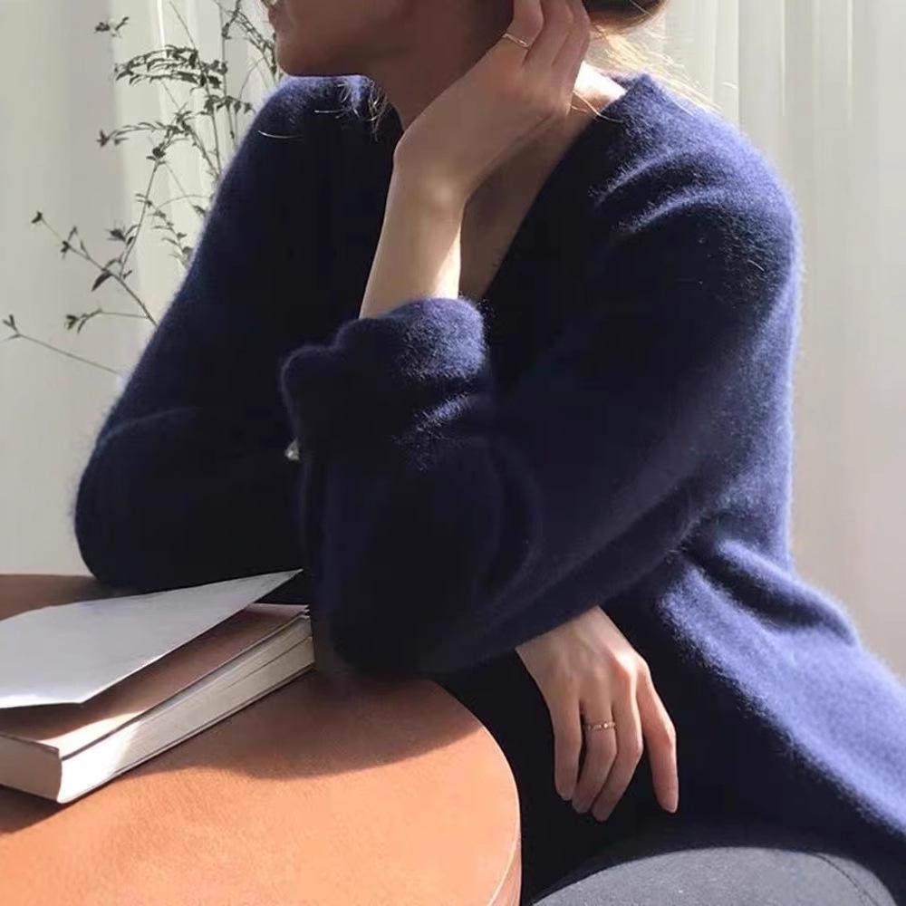 Women's Thick V-Neck Wool Sweater: Velvet, Loose, Casual Knitwear for Autumn & Winter