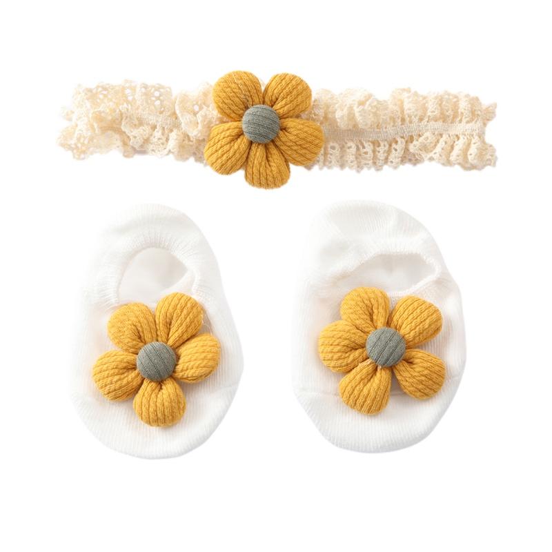 Baby Girl Knitting Flower Cotton Socks Anti-slip Floor Ankle Socks Lace Headband Set Newborn Gift Outfits