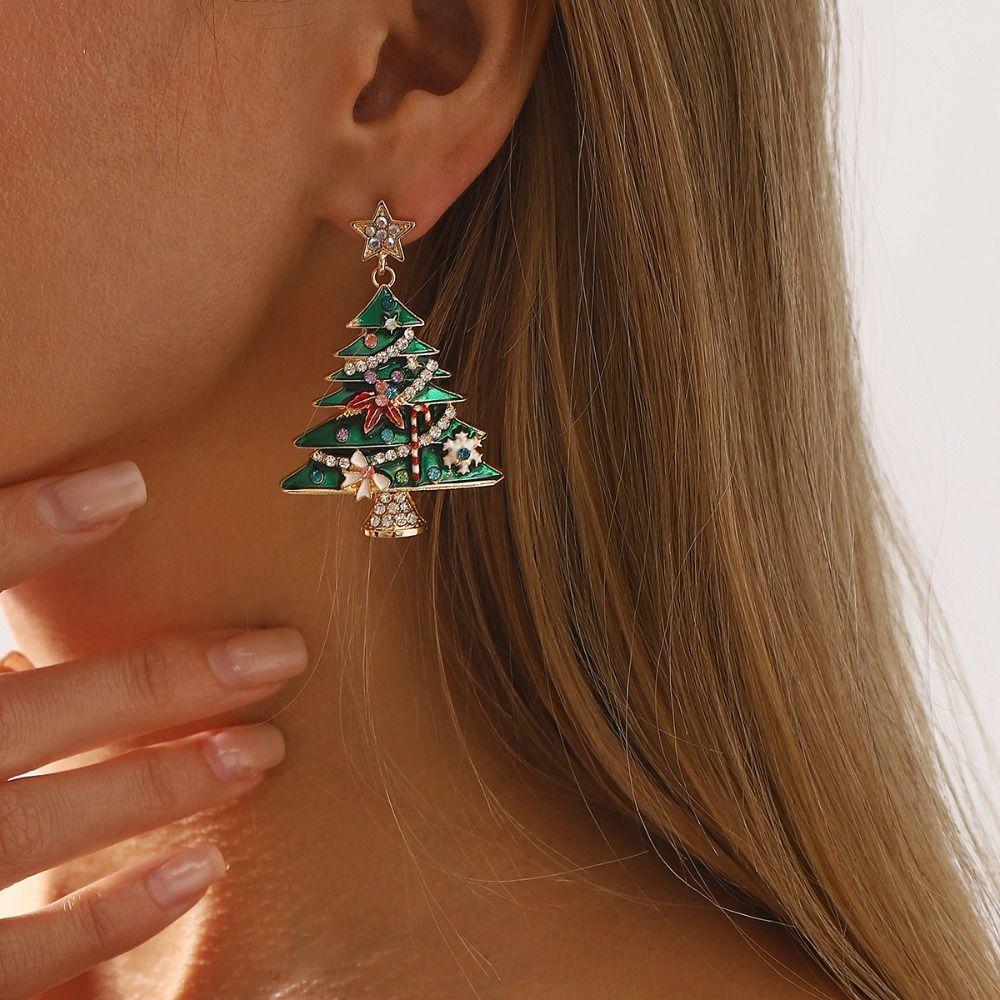 Dripping Oil Xmas Earrings Studs Rhinestone New Year Dangle Earrings Christmas Tree Earrings  Gift
