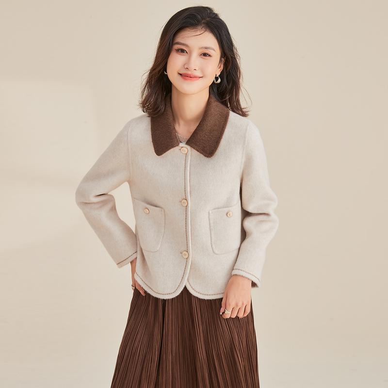 [Sheep Wool Coat] Short Color Blocked Double Sided Woolen Coat for Women Autumn/Winter, Flip Collar Cardigan with Side Pockets
