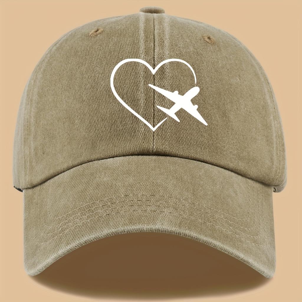 Heart & Plane Print Hip-Hop Dad Hat Adjustable Washable Baseball Cap Outdoor Adventure Cycling Sun Protection Hat
