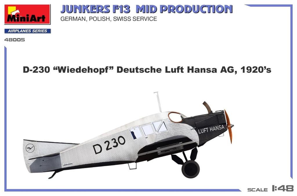 Miniart Junkers F13 Switzerland Plastic Model Kit MA48005 1/48 Mid-Production Germany, Poland, (Airplane)