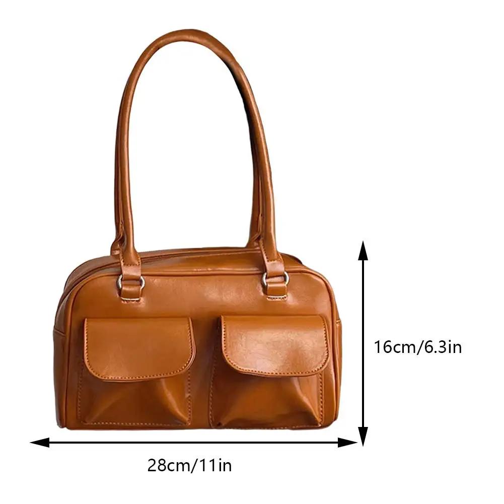 Women's Zipper Shoulder Bag Fashion Top Handle Bag Casual PU Leather Tote Handbag Multi Pocket Underarm Bag Vintage Shopping Bag