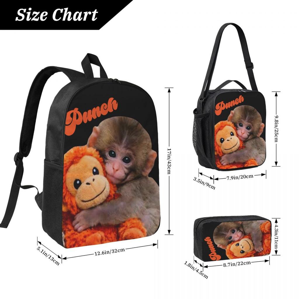 Baby Punch Monkey, Viral Monkey Kids Backpack Lunch Box Pen Bags for Boys Girls Backpacks Kawaii Schoolbag Bookbag Set