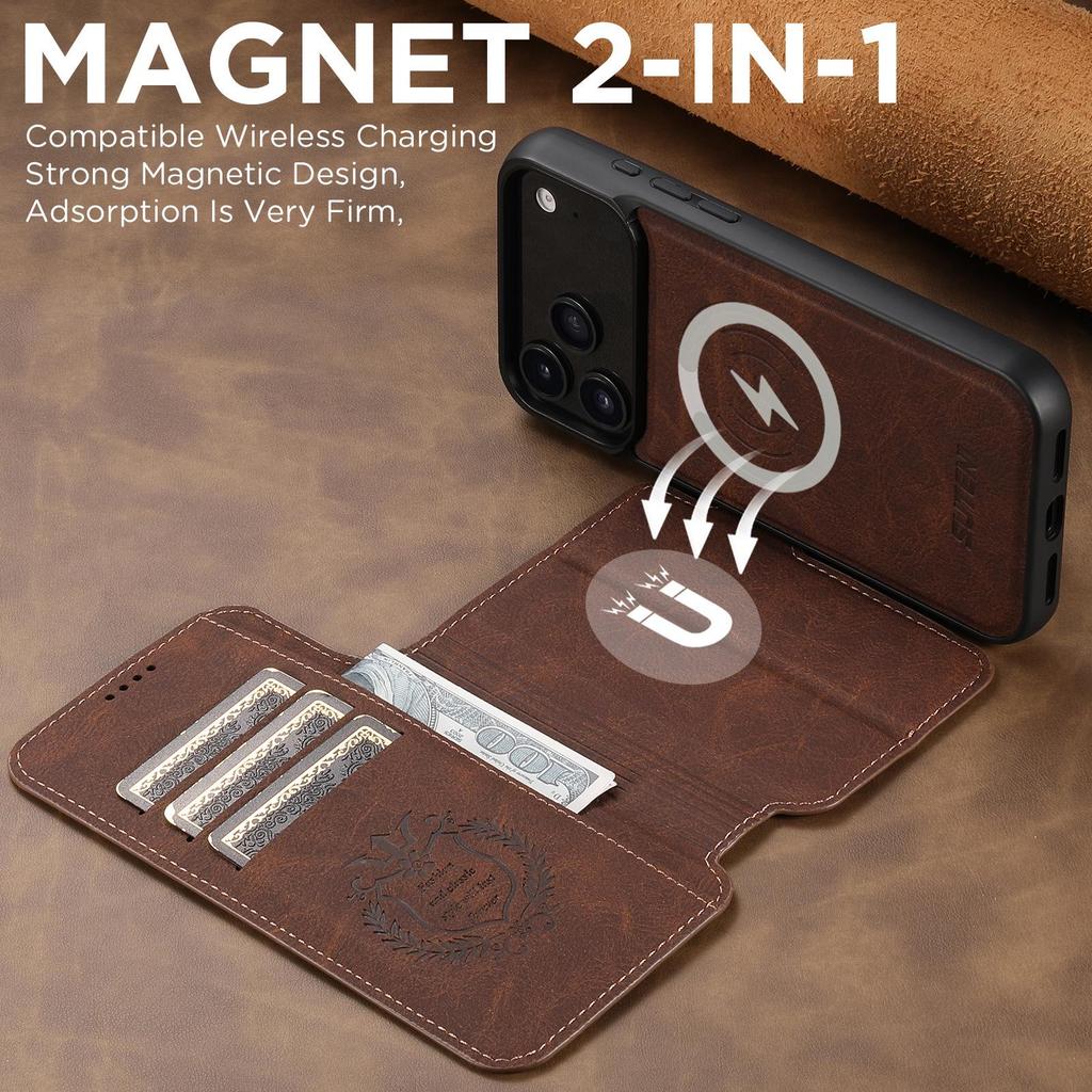 iPhone17ProMax Magnetic Leather Flip Case with Card Slot and Wireless Charging Stand