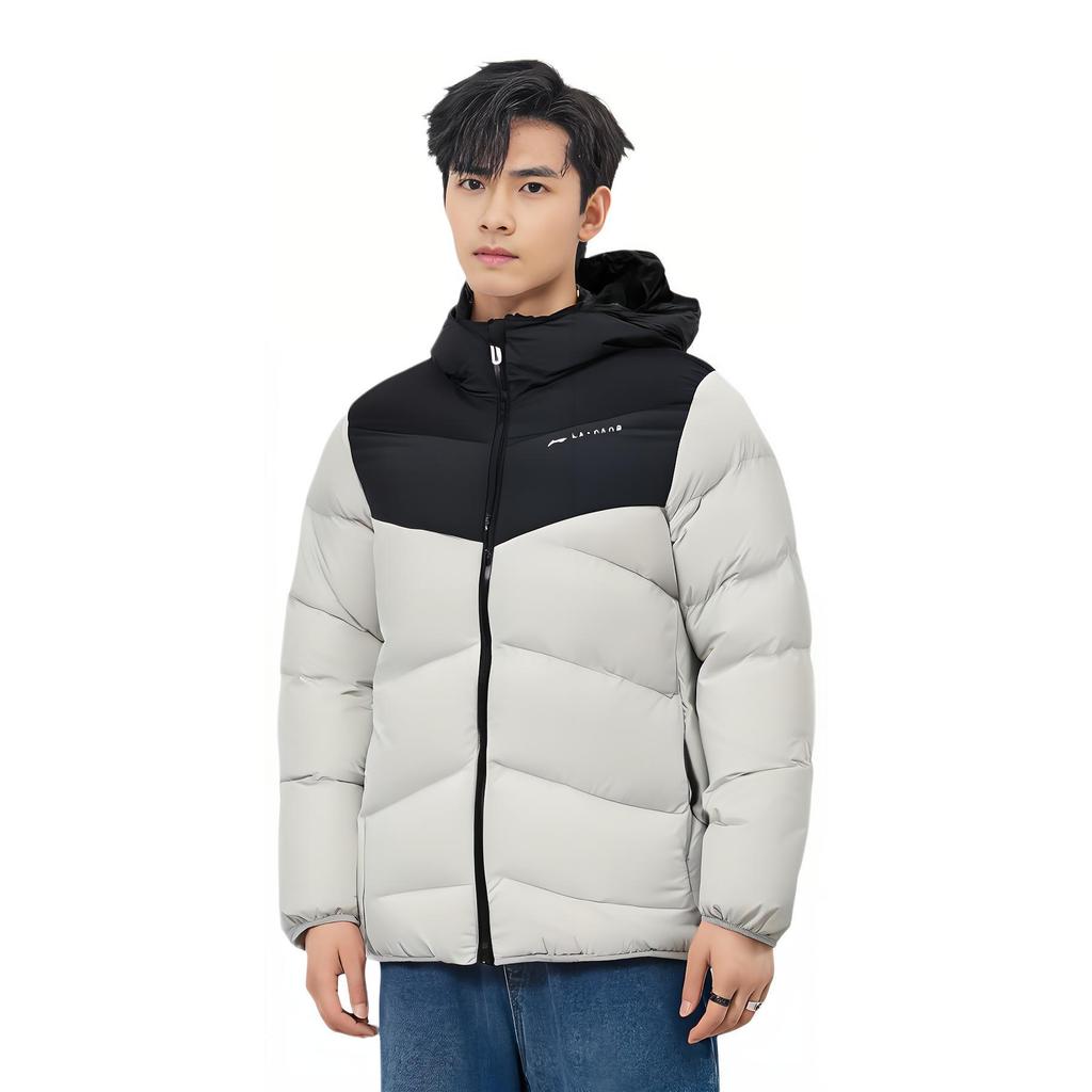 Li-Ning Fitness Series Sports Leisure Warm Color Block Letter Down Jacket Men Outerwear Droplet-Gray Black AYMU561-11