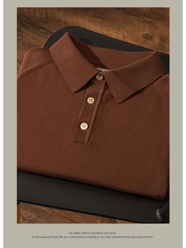 Men's Italian Khaki Knitted Polo Shirt - American Retro Short-Sleeved Cotton Tee for Summer
