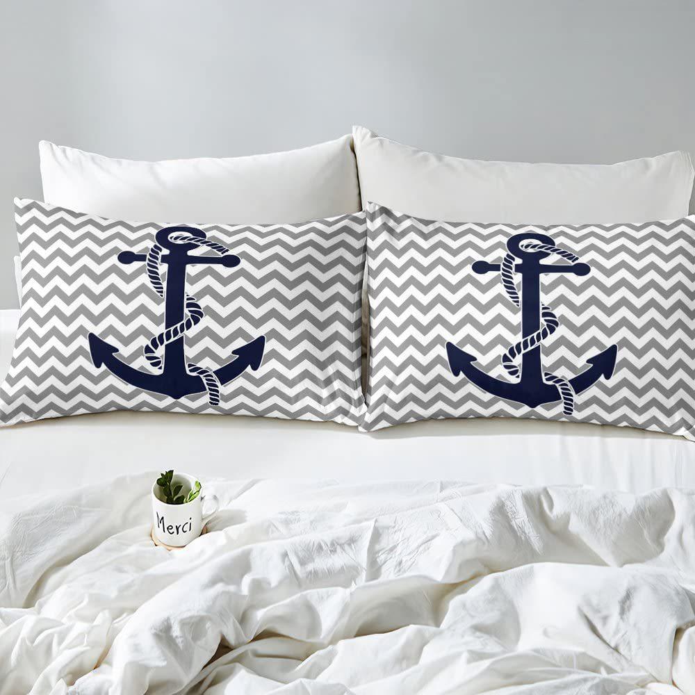 Nautical Anchor Striped Pattern Bedding Cover With Pillowcase Quilt Cover Three-Piece Duvet Cover Set