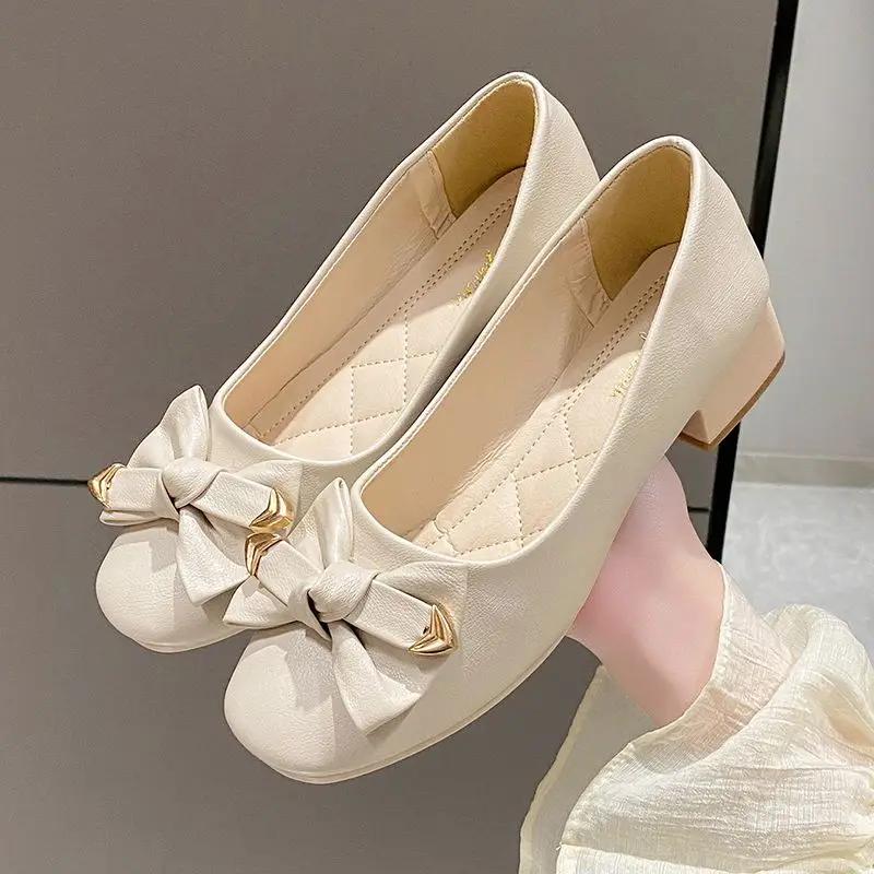 Fashion Women's Shoes Square Heels Toe Ladies Pumps with Bow Medium Popular Wholesale Chic Point on Sale Stylish High Quality Footwear