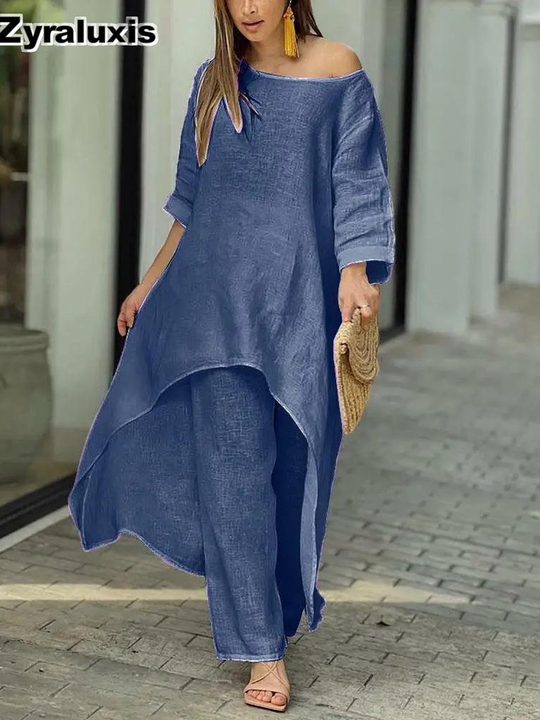 Moda Donna Casual Taglie Forti Set Irregolare Manica Lunga Pantaloni a Gamba Larga Completo Due Pezzi
