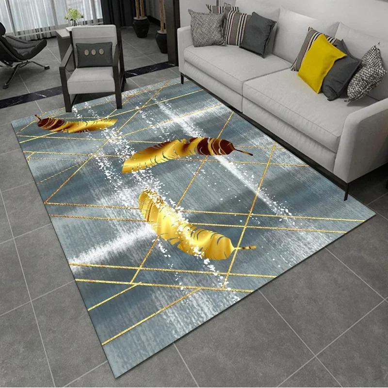 Feather Print Crystal Velvet Home Carpets for Living Room Decor Quality Wrapping Edge Rugs for Bedroom Dirt Tolerance Floor Mat