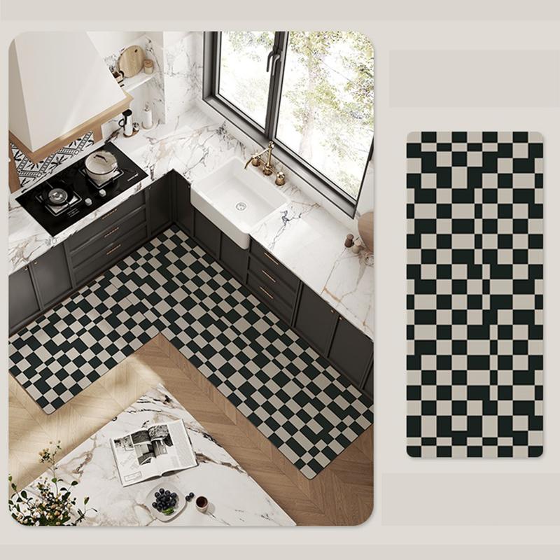 Kitchen Floor Mat Non-slip Waterproof Oil-proof Carpet PVC Leather Lattice Geometric Pattern Rug Long Ruler Home Decoration Mats