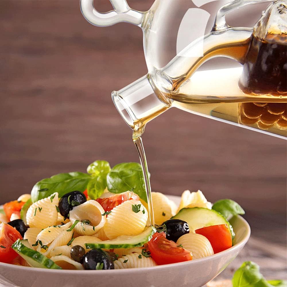2-in-1 Olivenöl-Essig-Spender 50+300ml Karaffe mit Korkverschlüssen Doppelter Ausgießer für Küchenkochbehälter
