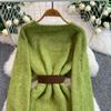 Autumn Winter Women Elegant O-neck Knitted Sweater Chic Mini Short Straight Pullover Dresses with Belt