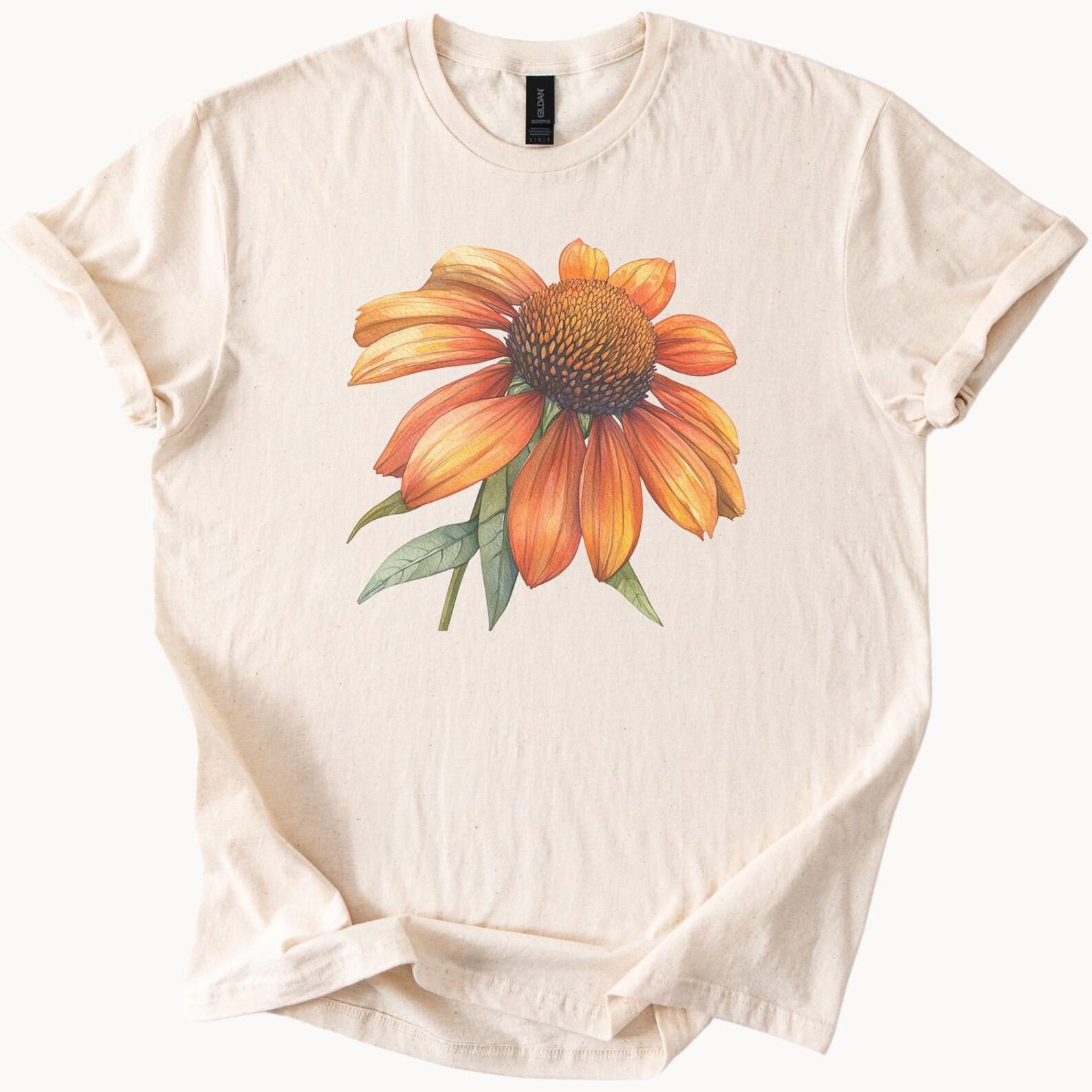 Orange Coneflower Graphic Tee Shirt Botanical Floral Art Nature Lover Gift Hand Drawn Flower Shirt Wildflower T Shirt Aesthetic Apparel 140