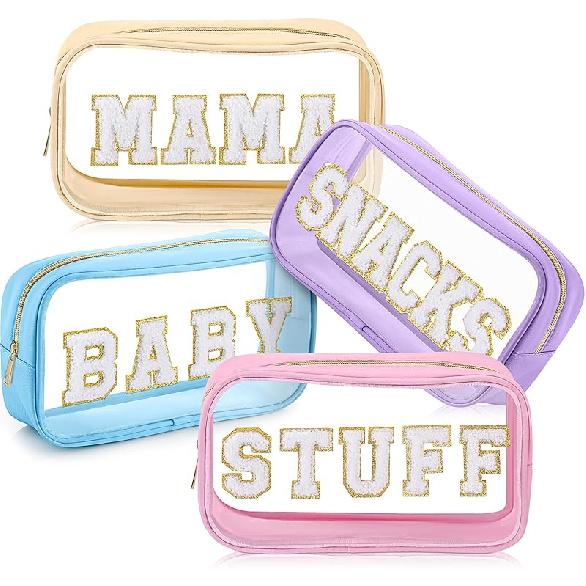 4 Pcs Mama and Baby Toiletry Bag Clear Chenille Letter Pouch Snacks Makeup Stuff Travel Diaper Bag Preppy Transparent Pouch with Zipper for Women