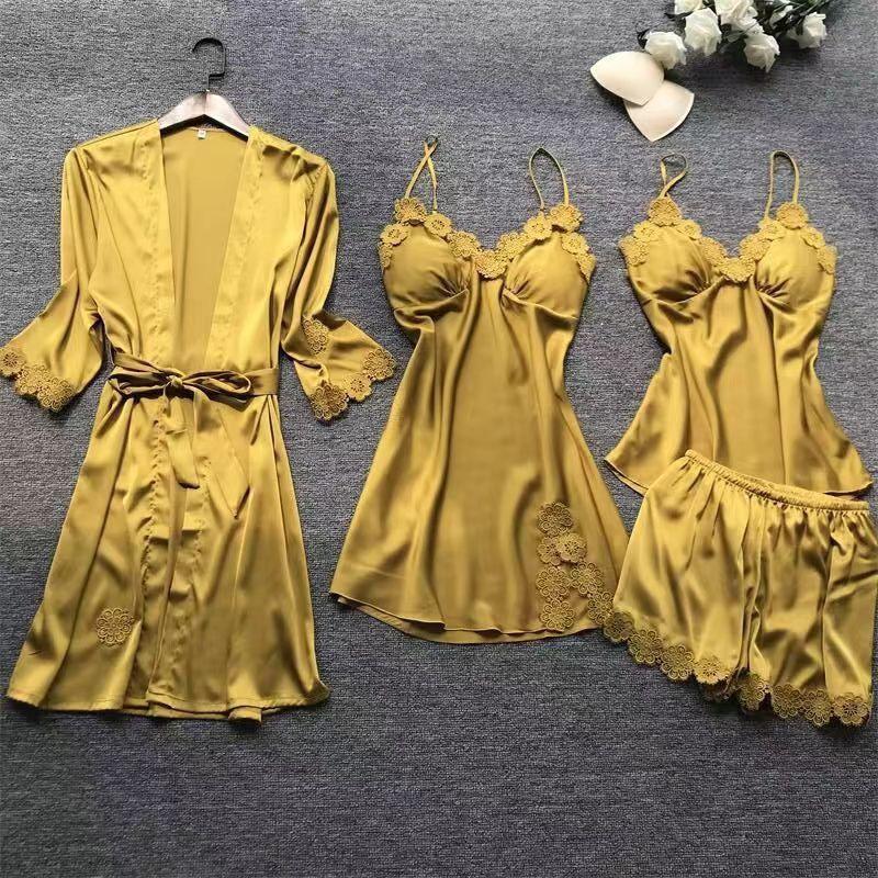 European and American Sexy Pajamas Set: Camisole with Chest Pads, Women's Homewear Robe, and Bathrobe - Four-Piece Set