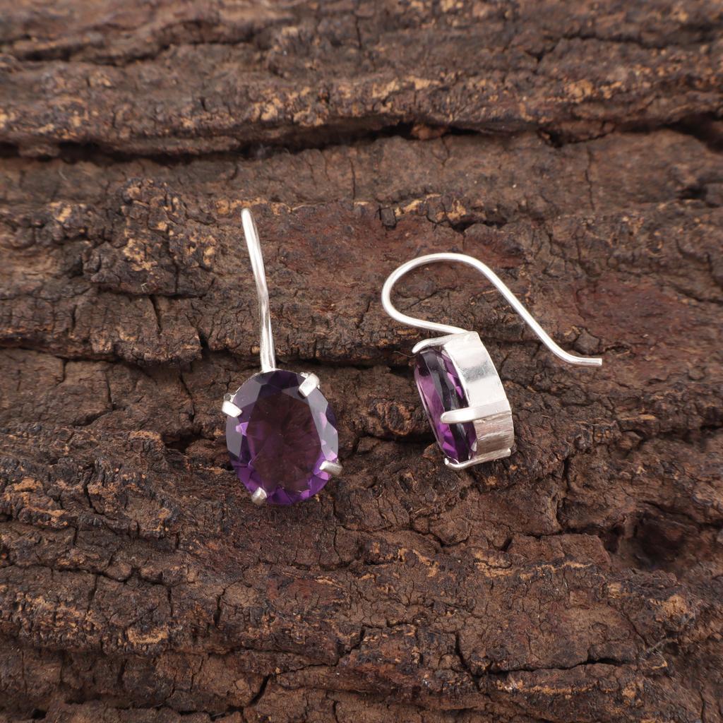 Amethyst Earrings, Gemstone 925 Sterling Silver Boho Jewelry , Handmade Earrings Amethyst Oval Earrings For Anniversary Gift