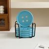 6-Piece Original Colorful Button Coaster Set with Cross-Shaped Iron Rack Coaster Holder Dopamine Round Wooden Coasters Exquisite Coffee Cup Holders
