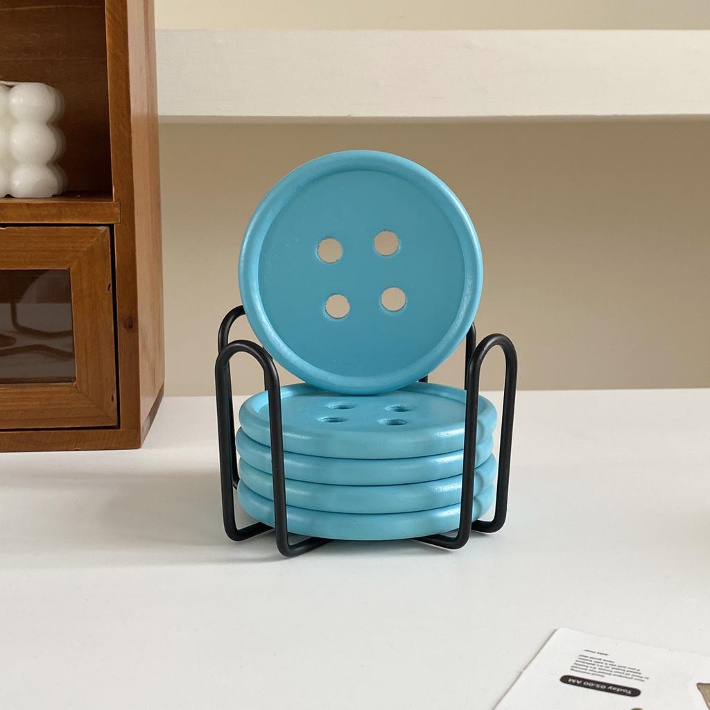 6-Piece Original Colorful Button Coaster Set with Cross-Shaped Iron Rack Coaster Holder Dopamine Round Wooden Coasters Exquisite Coffee Cup Holders