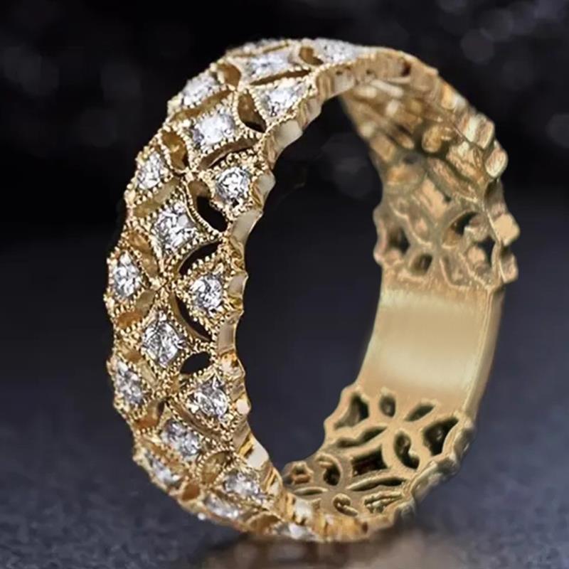 Huitan Hollow Geometric Women Ring Gold Color Noble Fashion Accessories Inlaid Shining Cubic Zirconia Elegant Versatile JewelryGood product
