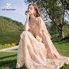 Xiangying French Ruffle Print V-neck Maxi Dress