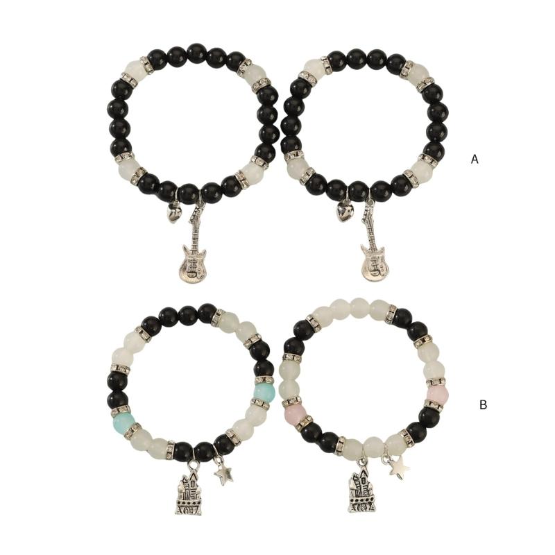 2Pcs Matching ElasticCouple Bracelets Glass Beaded Handchain for Him and Her Adjustable Length Wristchains Jewelry