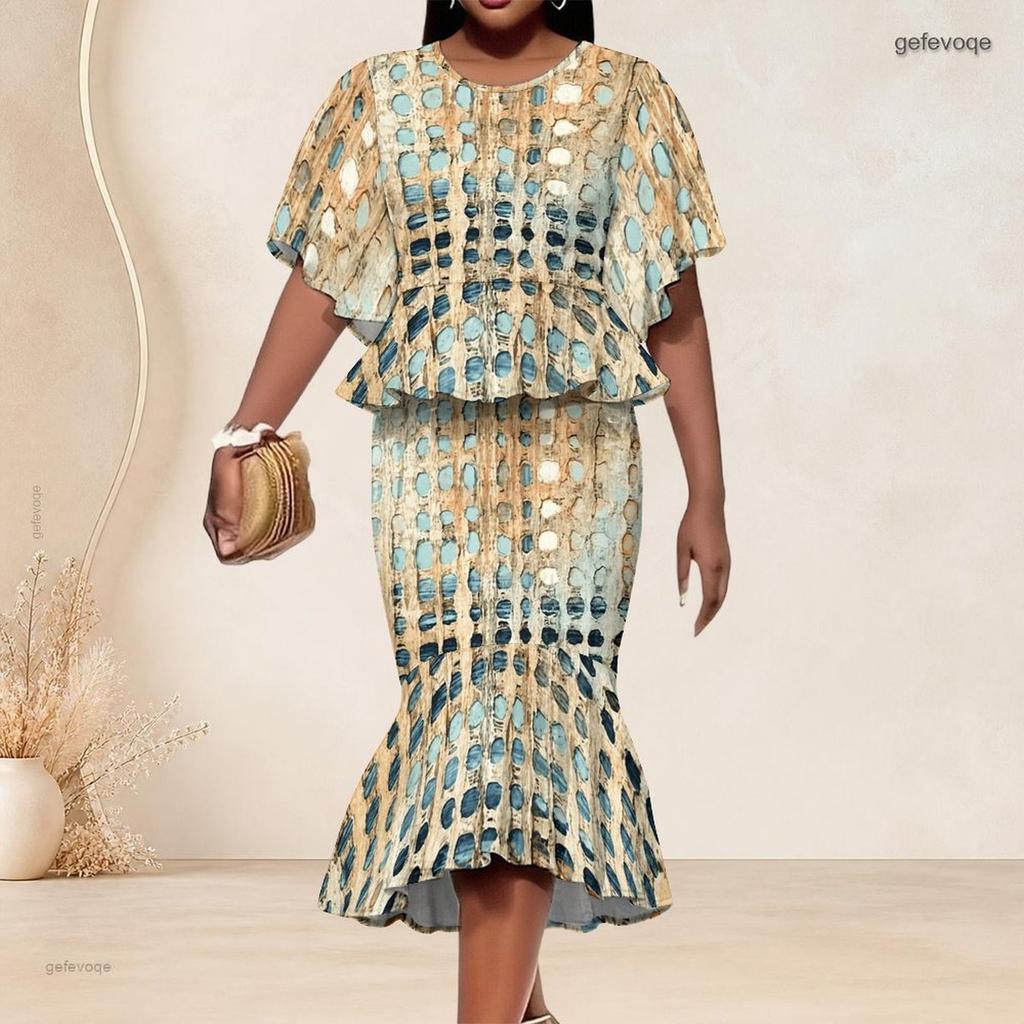 Women Plus Size Printed Two Piece Skirt Set Round Neck Batwing Sleeve Ruffle Hem Top Fishtail Skirt Black Grey Gold