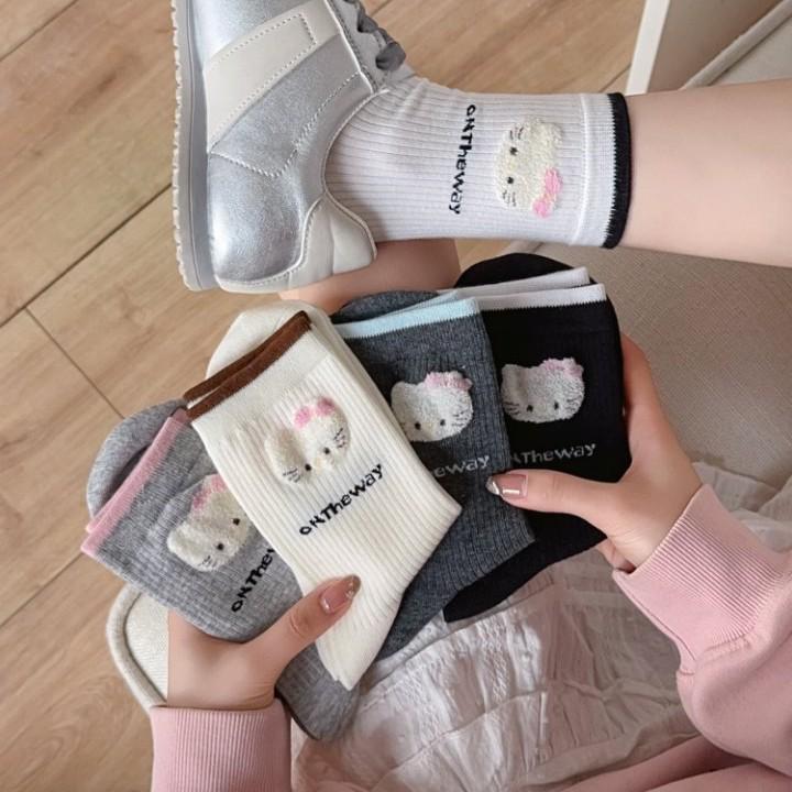 Cotton Cat Socks: Women's Mid-Calf, Spring/Autumn, Japanese & Korean Preppy Styles, Flocked Pile, Long Socks.