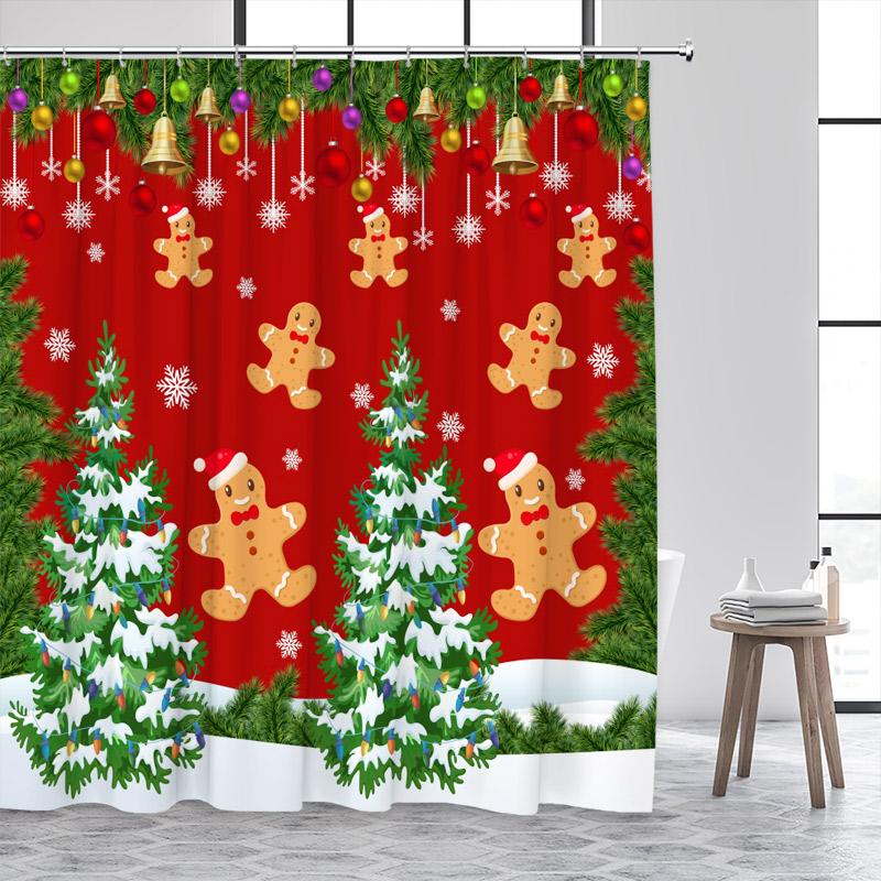 Christmas Shower Curtains Cute Snowman Santa Claus Xmas Tree Winter Town Street Landscape Bath Curtain Home Bathroom Decor Set