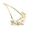 Miaomyao U-Shaped Hairpin, Japanese Style Hair Accessory for Yukata/Kimono, Pearl Hair Comb, Antique Pink Gold, Flower Motif, Cubic Zirconia, Alloy,