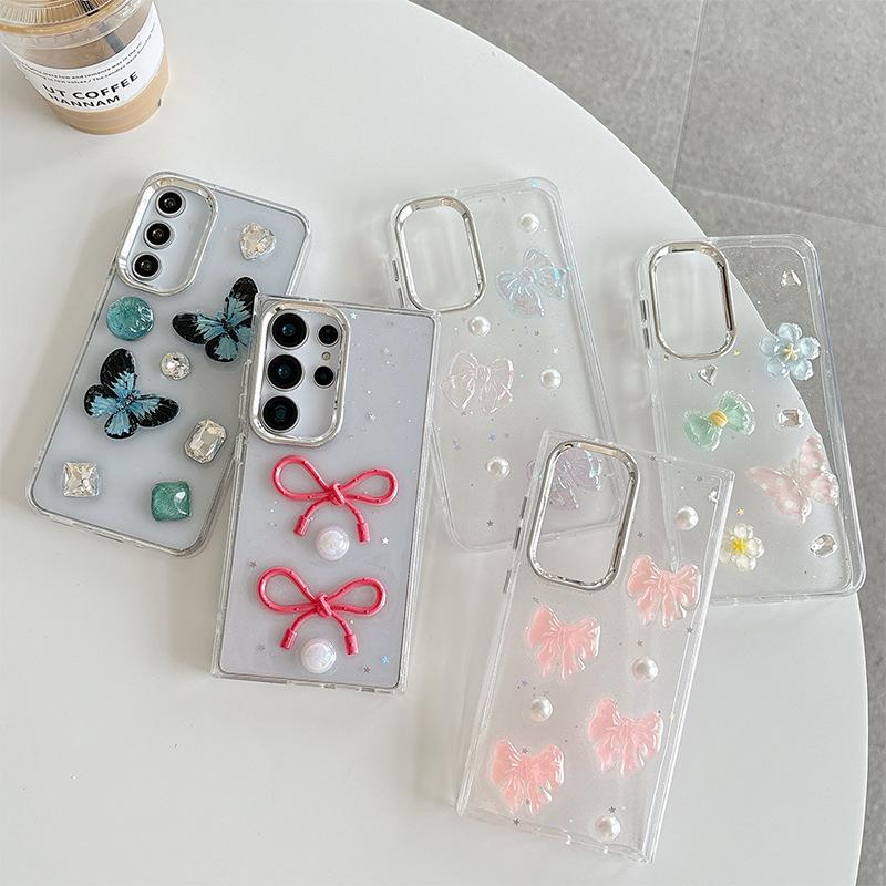 Applicable To Samsung S25Plus Epoxy Transparent Glitter Mobile Phone Case S24Ultra Flower Pearl Decoration Women'S A05