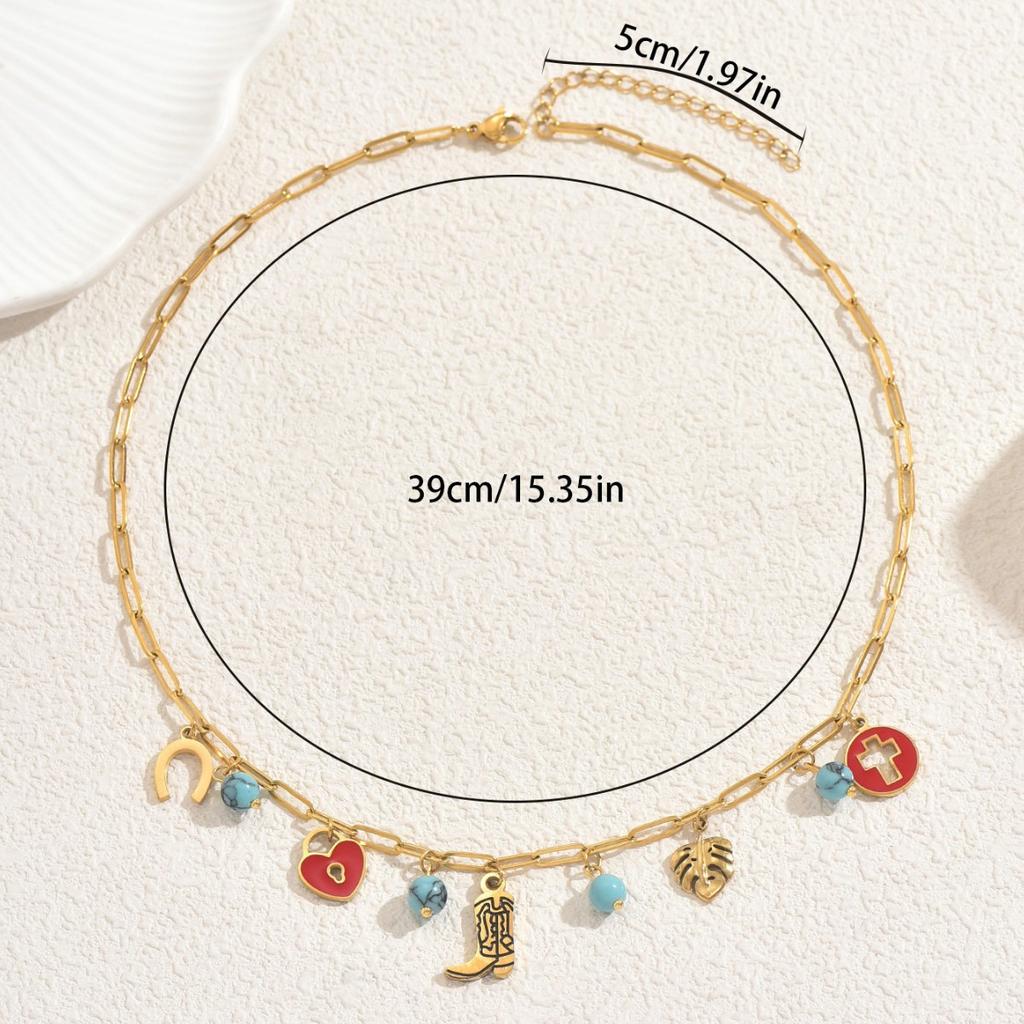 Fashion Style Women's Geometric Necklace, Niche Drip Oil Elements Inlaid with Turquoise Design Collarbone Chain