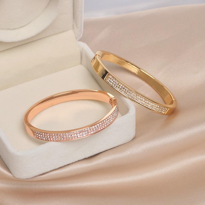 Elegant Classic Crystal Cuff Bangles Bracelets For Women Gold Color Simple Femal Opening Bangles Wedding Jewelry Accessories