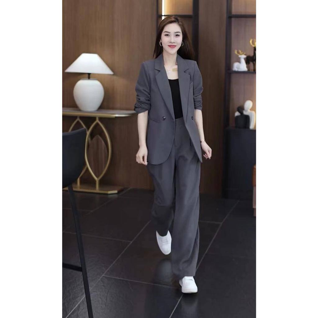 Spring New Plus Size Suit Set: Loose Fit Slimming Casual Blazer with Elastic Waist & Straight Leg Pants, Two-Piece Professional Outfit