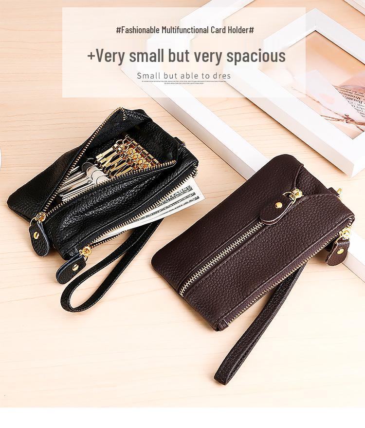 Top-Grain Cowhide Leather Wristlet: Key Pouch, Coin Purse, Card Holder, Wear-Resistant Multifunctional Small Handbag.