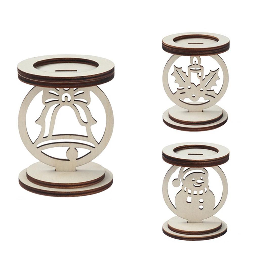3Pcs Bell Pattern Wooden Christmas Candle Holder Xmas Table Candlestick Living Room