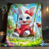 Adorable Bunny on Swing Blanket Spring Garden Scene Cute Animal Print Flannel Throw Blanket for Kids Girls BedroomDecorationGift