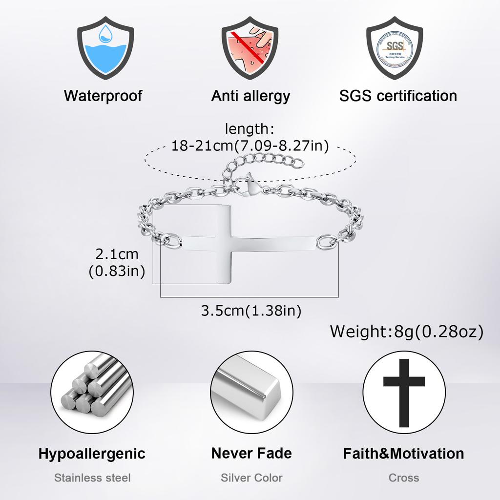 Mens Stainless Steel Cross Rolo Chain Bracelet,Waterproof Never Fade Links Wristband,Religious Christian Jewelry Gifts