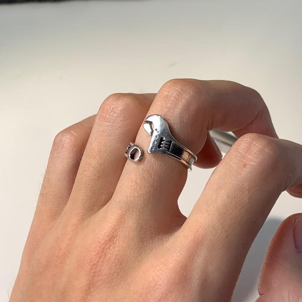 Heavy Duty Spanner Finger Ring Silver Plated Biker Jewelry Wrench-Shaped Open Ring Boys Girls
