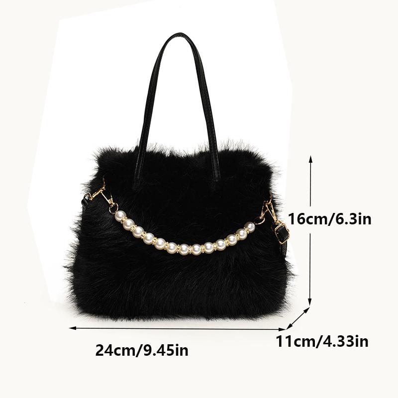 Yogodlns Winter Fashion Faux Fur Crossbody Bags for Women's Gift, Pearl Chain Decor Shoulder Bag, Ladies Handbags Top-handel Bag