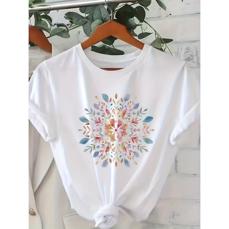European Size Short-Sleeved T-Shirt with Mandala Floral Print, Casual Round Neck Top, Slightly Stretchy, Comfortable And Breathable,