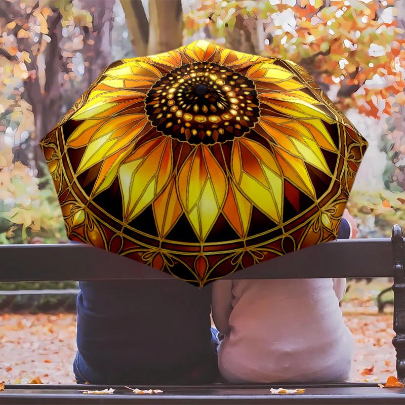 Retro Sunflowers Printed Umbrella Windproof Folding Umbrella Portable Sun and Rain Umbrella Suitable for Gifting