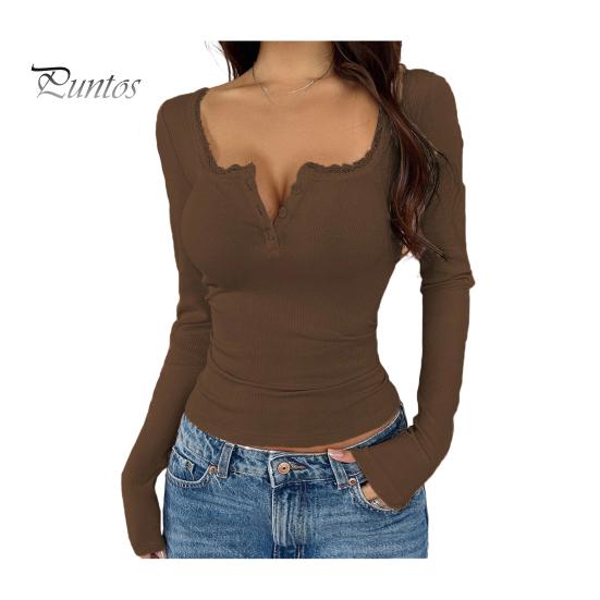Lightweight Long Sleeve Shirt Women Tops Regular Fit V Neck Lace Stitching Office Wear Blouse Pullover Solid Color Autumn Winter Daily Dressy Top