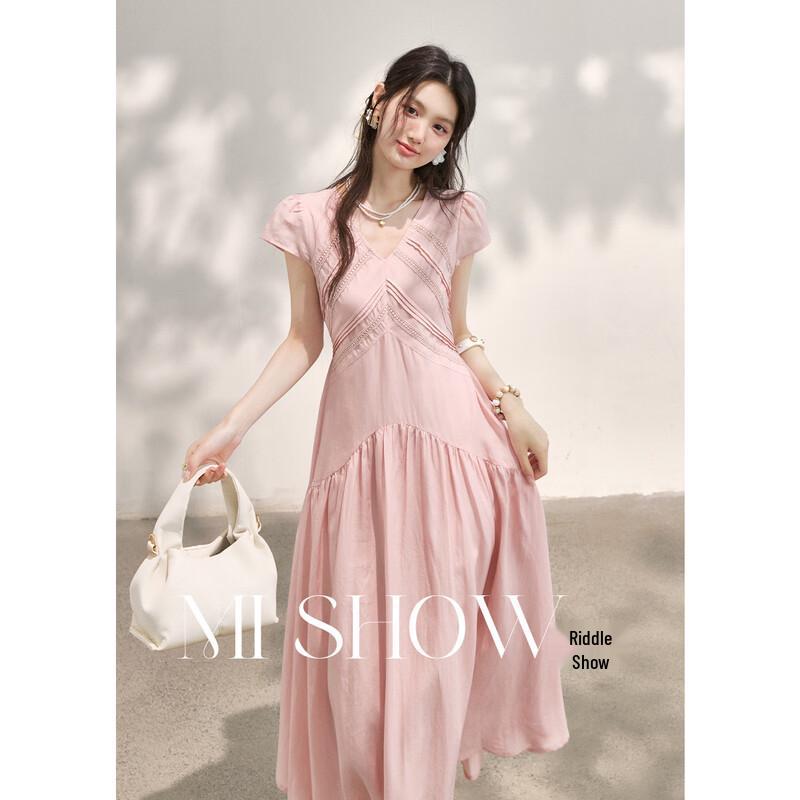 Mìxiù French Style Tencel Lace V-Neck Midi Dress L