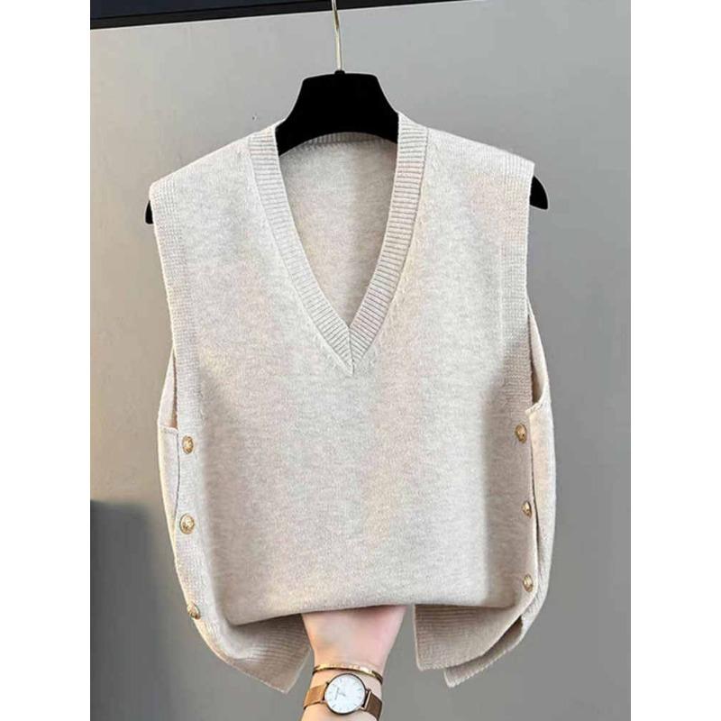 2025 Autumn Winter Sleeveless Knitted Pullover Women Sweater Vest Fashion Elegant V Neck Loose Outer Wear Casual Versatile Tank Tops Office Clothing